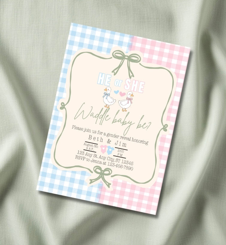 Waddle Baby Be goose themed gender reveal party invitation mockup — blue and pink gingham with ducks and sage green bows