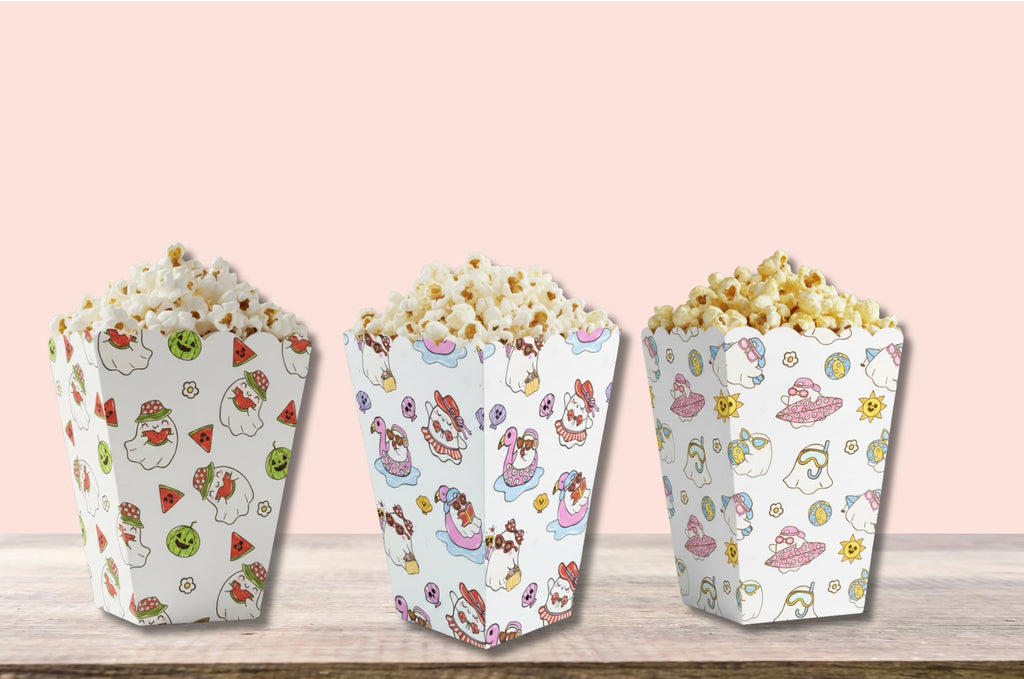 Three Summerween popcorn box designs displayed together