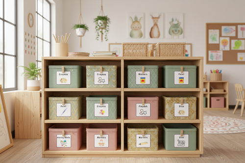 Classroom Shelf Mockup with Exact Labels