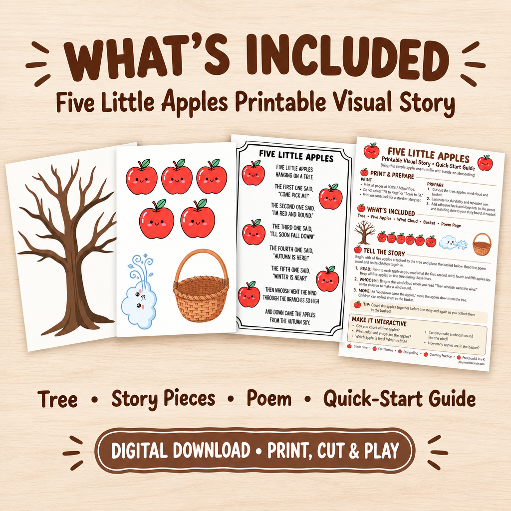 Four pages included in Five Little Apples printable visual story: tree, story pieces, poem and quick-start guide.