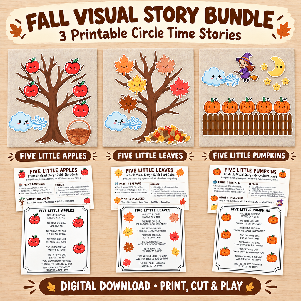 Fall Visual Story Bundle featuring Five Little Apples, Five Little Leaves and Five Little Pumpkins printable circle time activities.