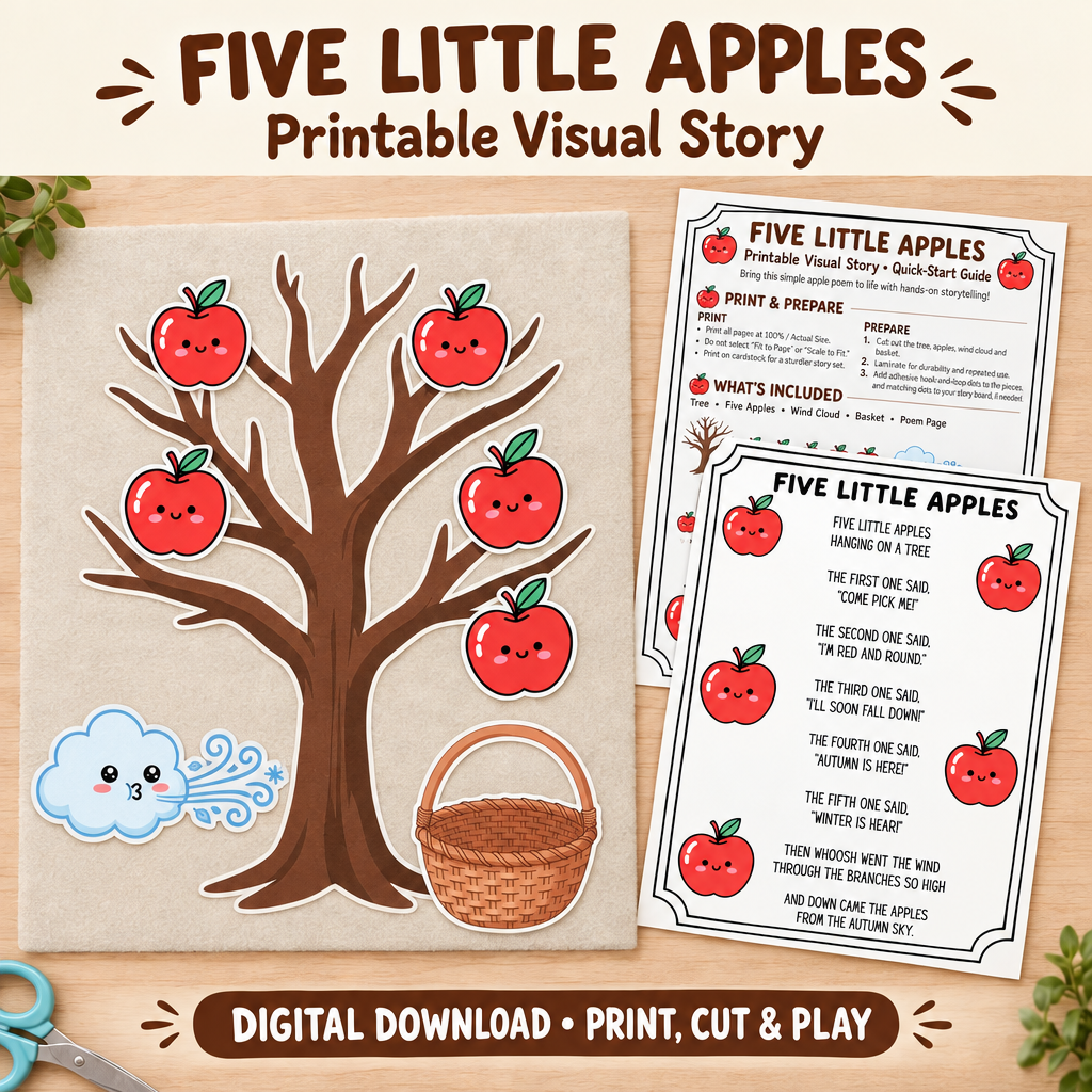Five Little Apples printable story assembled on a felt board with five red apples, an upright wind cloud, basket, poem and quick-start guide.