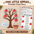 Five Little Apples printable story assembled on a felt board with five red apples, an upright wind cloud, basket, poem and quick-start guide.
