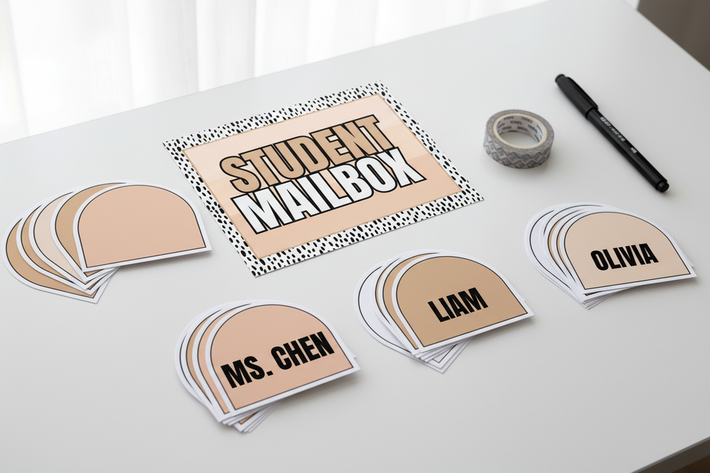 Flat lay of printable student mailbox labels