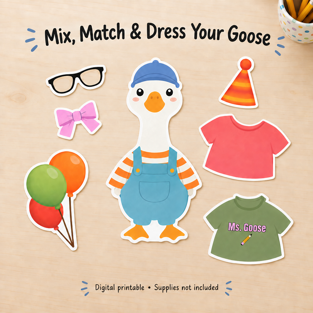Mix-and-match goose and separate accessories on a tabletop, with open glasses frames and scarf-free Ms. Goose shirt
