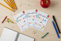 Flat lay mockup of Let's Start This Year Off WRITE back to school gift tags with school supplies