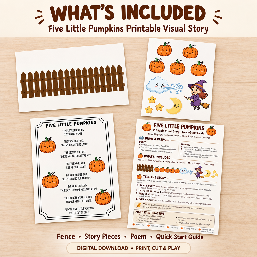 What's included in Five Little Pumpkins: fence page, story pieces, poem and quick-start guide.