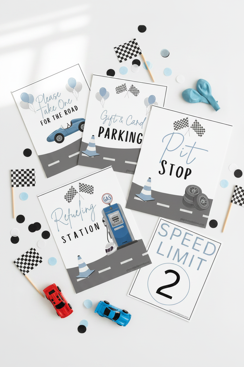 Race Car Party Signs Flat Lay with Props