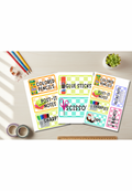 Rainbow checkered classroom supply labels printable – large, medium, and small sizes shown on a desk